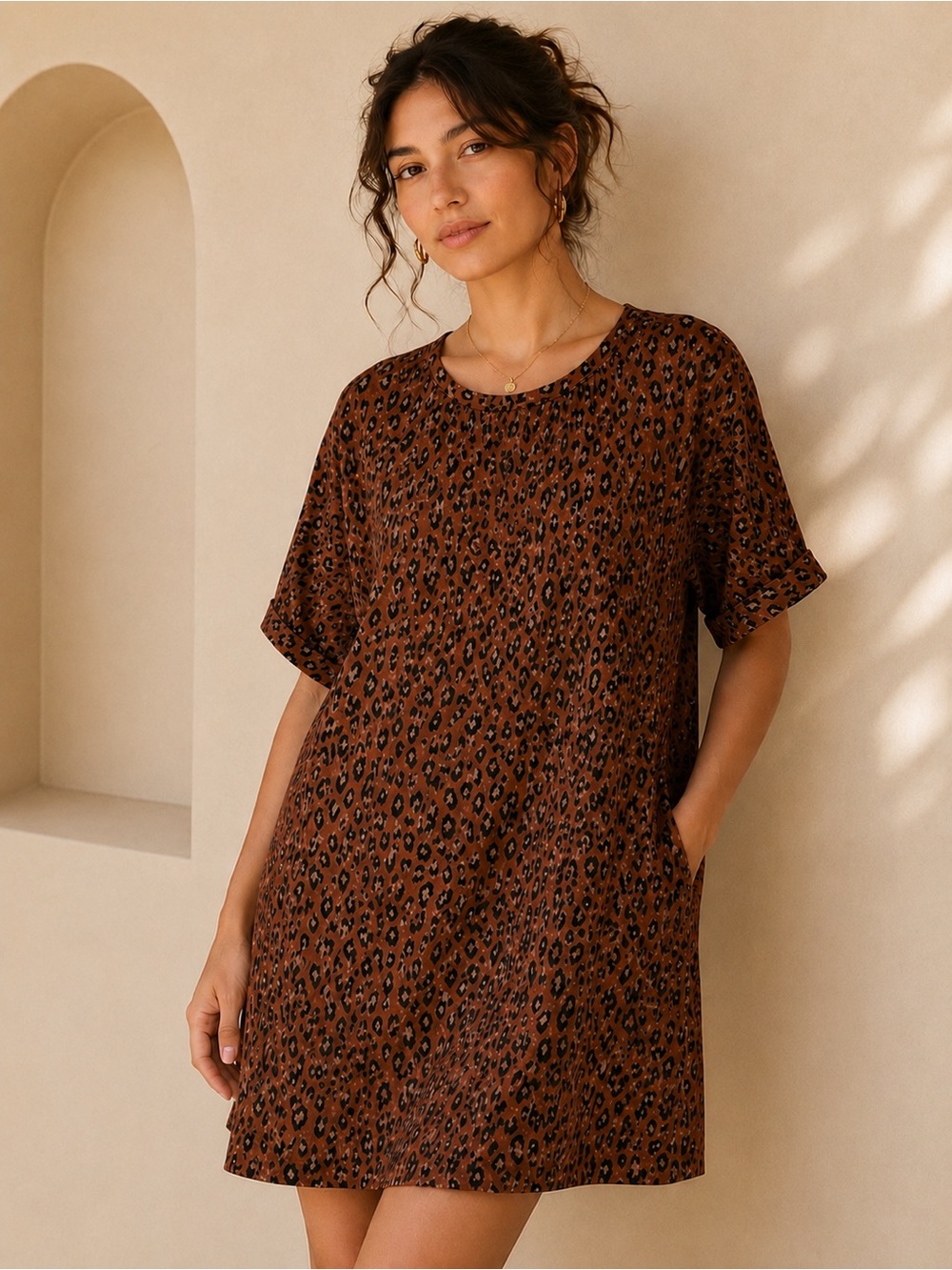 NWT Uncle Frank Boho Leopard Print Short Sleeve Round Neck Shift Boutique Dress